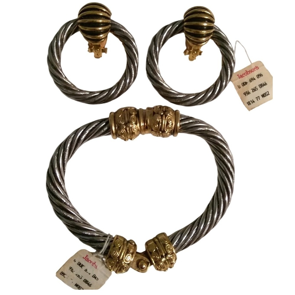 BARRERA NWT Vintage Cable Bracelet & Clip Earrings Set Gold Silver Tone Designer
